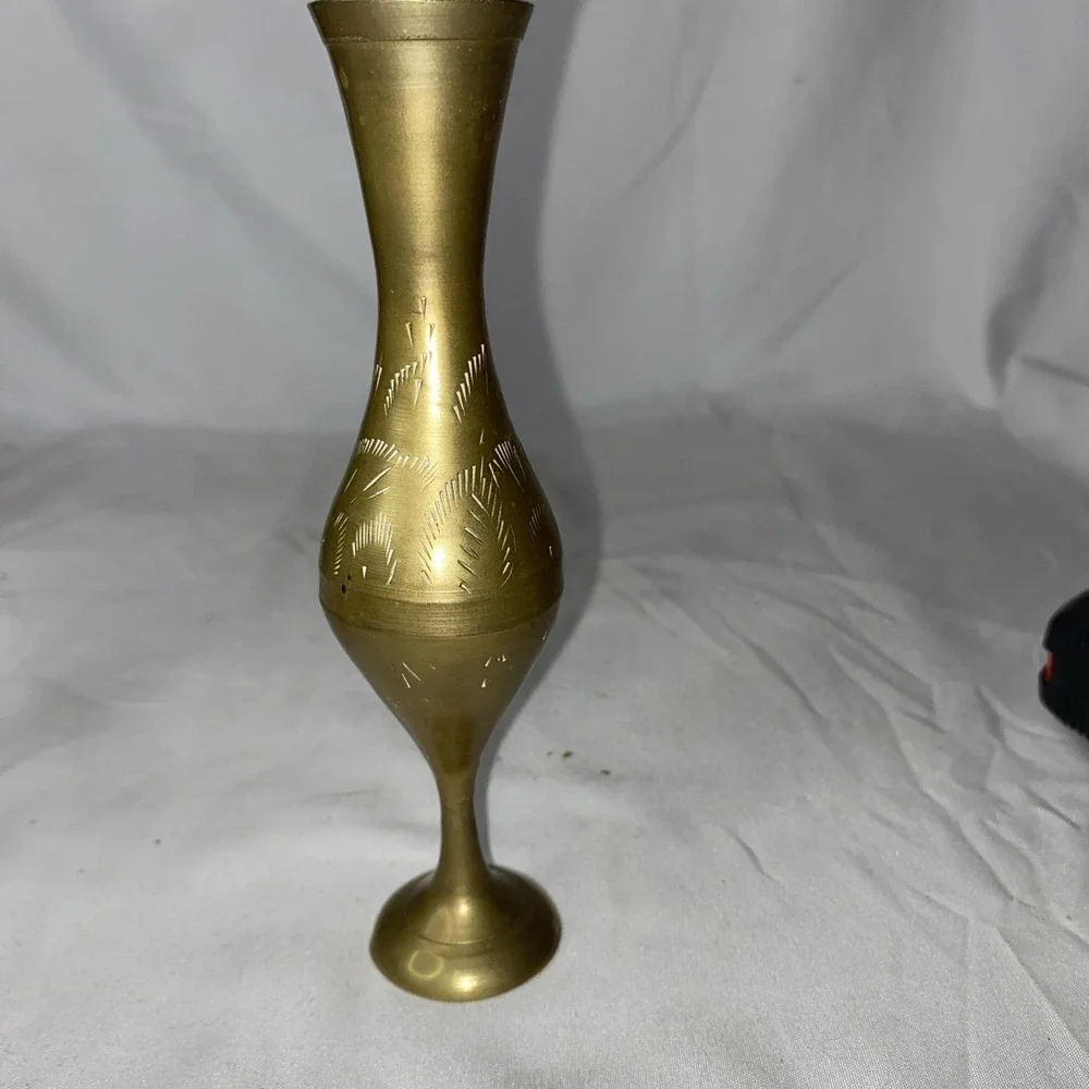 Vintage Brass Etched Vase  India Floral Art Deco 6 Inches
